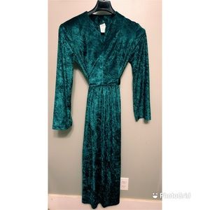 Vintage 90s GREEN Crushed Velour Velvet Dress Long Sleeve Ties Grunge Size 10